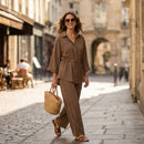Conjunto Feminino Willshela de 2 Peças: Camisa Lisa de Botões e Calça Vintage com Cintura Elástica - Conjunto Chique para Mulheres