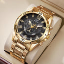 Relógio Cronógrafo Esportivo Robusto para Homens |   Mostrador Preto/Prata/Dourado |   Pulseira de Aço Inoxidável |   Relógio de Pulso à Prova d'Água com Movimento de Quartzo