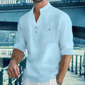 Camisas masculinas leves de manga comprida, camisas henley de algodão e linho para homens, camisa havaiana de praia com decote em v, camisa polo respirável