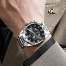 Relógio Cronógrafo Esportivo Robusto para Homens |   Mostrador Preto/Prata/Dourado |   Pulseira de Aço Inoxidável |   Relógio de Pulso à Prova d'Água com Movimento de Quartzo