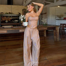 Conjunto Feminino Casual Primavera 2026: Camisola Estampada com Recortes Laterais e Alças Finas e Calça Pantalona - Moda Boho Elegante