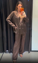 Conjunto Feminino 2026 Primavera Novo Estilo Marrom Avermelhado Manga Longa Drapeado Plissado Decorativo Simples Blazer e Calça Elegante