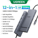 UGREEN 12 em 1 USB HUB Tipo-C para 2HDMI 4K120Hz DP USB3.2 10Gbps SD/TF RJ45 PD100W para MacBook Dell HP Acessórios para laptop Encaixe