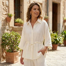 Conjunto Feminino Willshela de 2 Peças: Camisa Lisa de Botões e Calça Vintage com Cintura Elástica - Conjunto Chique para Mulheres