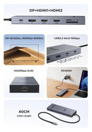 UGREEN 12 em 1 USB HUB Tipo-C para 2HDMI 4K120Hz DP USB3.2 10Gbps SD/TF RJ45 PD100W para MacBook Dell HP Acessórios para laptop Encaixe