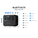 Estação de energia portátil BLUETTI AC70 1000W 768Wh LiFePO4 bateria Controle remoto inteligente para fonte de alimentação de acampamento ao ar livre