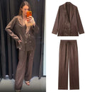 Conjunto Feminino 2026 Primavera Novo Estilo Marrom Avermelhado Manga Longa Drapeado Plissado Decorativo Simples Blazer e Calça Elegante
