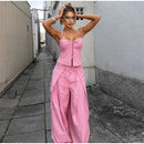 Conjunto Feminino Casual Primavera 2026: Camisola Estampada com Recortes Laterais e Alças Finas e Calça Pantalona - Moda Boho Elegante