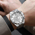 Relógio Cronógrafo Esportivo Robusto para Homens |   Mostrador Preto/Prata/Dourado |   Pulseira de Aço Inoxidável |   Relógio de Pulso à Prova d'Água com Movimento de Quartzo