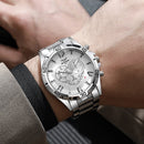 Relógio Cronógrafo Esportivo Robusto para Homens |   Mostrador Preto/Prata/Dourado |   Pulseira de Aço Inoxidável |   Relógio de Pulso à Prova d'Água com Movimento de Quartzo