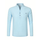 Camisas masculinas leves de manga comprida, camisas henley de algodão e linho para homens, camisa havaiana de praia com decote em v, camisa polo respirável