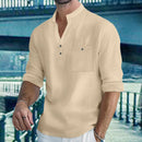 Camisas masculinas leves de manga comprida, camisas henley de algodão e linho para homens, camisa havaiana de praia com decote em v, camisa polo respirável