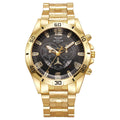 Relógio Cronógrafo Esportivo Robusto para Homens |   Mostrador Preto/Prata/Dourado |   Pulseira de Aço Inoxidável |   Relógio de Pulso à Prova d'Água com Movimento de Quartzo