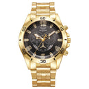 Relógio Cronógrafo Esportivo Robusto para Homens |   Mostrador Preto/Prata/Dourado |   Pulseira de Aço Inoxidável |   Relógio de Pulso à Prova d'Água com Movimento de Quartzo
