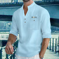 Camisas masculinas leves de manga comprida, camisas henley de algodão e linho para homens, camisa havaiana de praia com decote em v, camisa polo respirável