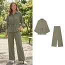 Conjunto Feminino Willshela de 2 Peças: Camisa Lisa de Botões e Calça Vintage com Cintura Elástica - Conjunto Chique para Mulheres