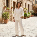 Conjunto Feminino Willshela de 2 Peças: Camisa Lisa de Botões e Calça Vintage com Cintura Elástica - Conjunto Chique para Mulheres